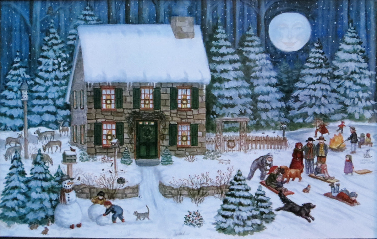 ロ*ア様 絵画原画（森のほのぼのXmas ）ジャビーなログハウスのカントリーアー H. Hargrove Framed Serigraph Oil Painting On Canvas 24x20