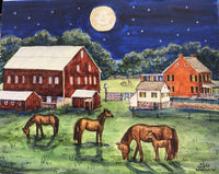 Moonlit Farm With Horses