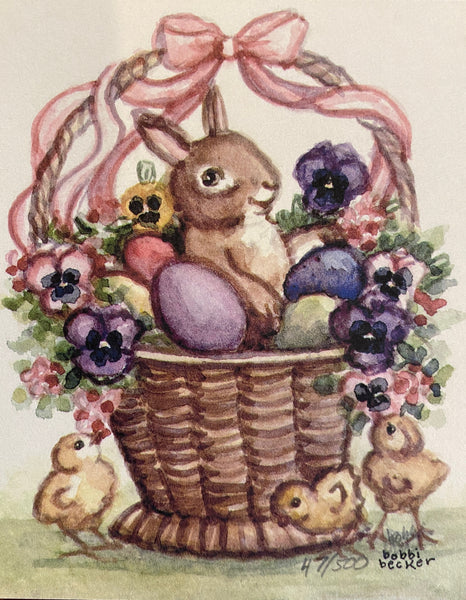 Bunny in basket with chicks