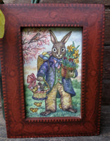 Easter Bunny in Purple Coat with Spring Flowers & Easter Basket