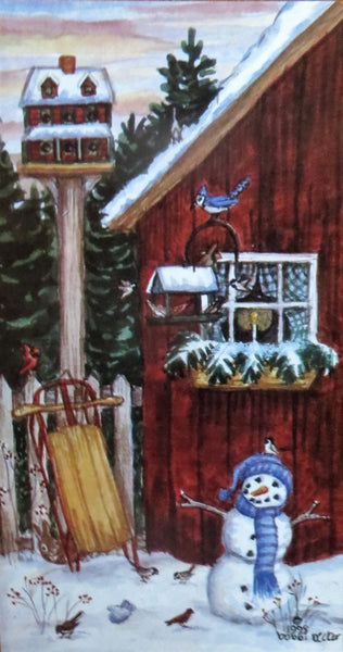 Snowy Shed - Snowman Painting Rustic Artwork, Snow Scene Birds, Winter Print, Watercolor Holiday Gift