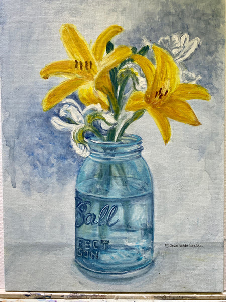 Day Lilies and White Irises in Mason Jar - Print