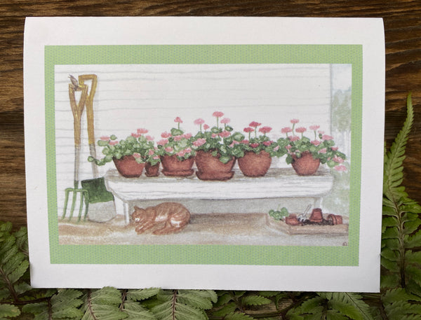 Geraniums On The Bench Card